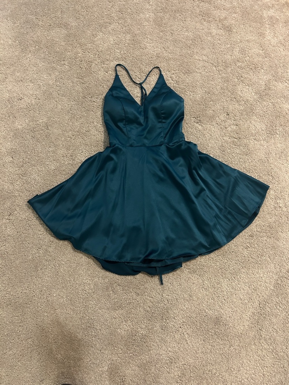 B Darlin Teal Satin Spaghetti Strap Mini Dress
